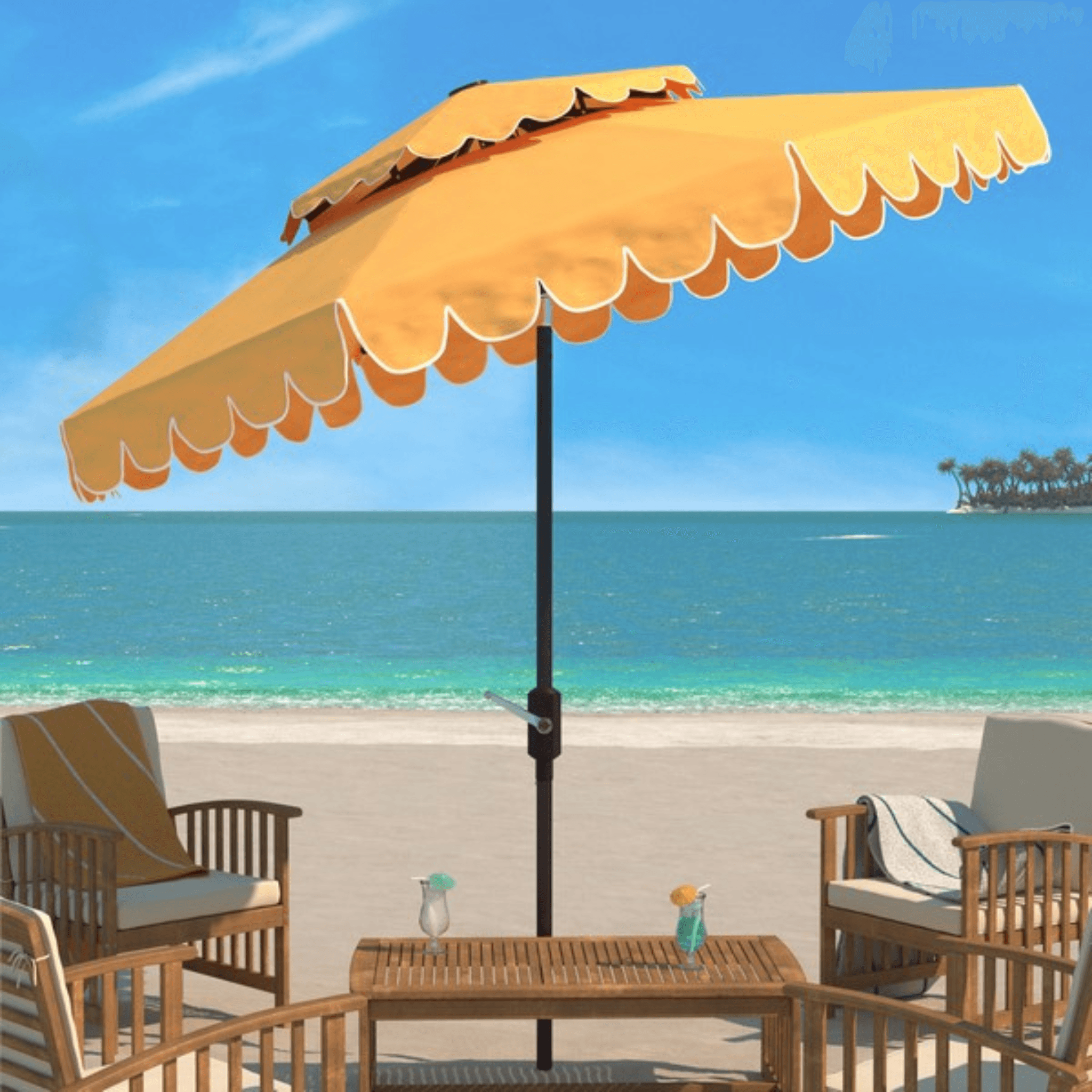 double top patio umbrella Yellow Scalloped Edge 9' Crank Double Top Outdoor Patio Umbrella
