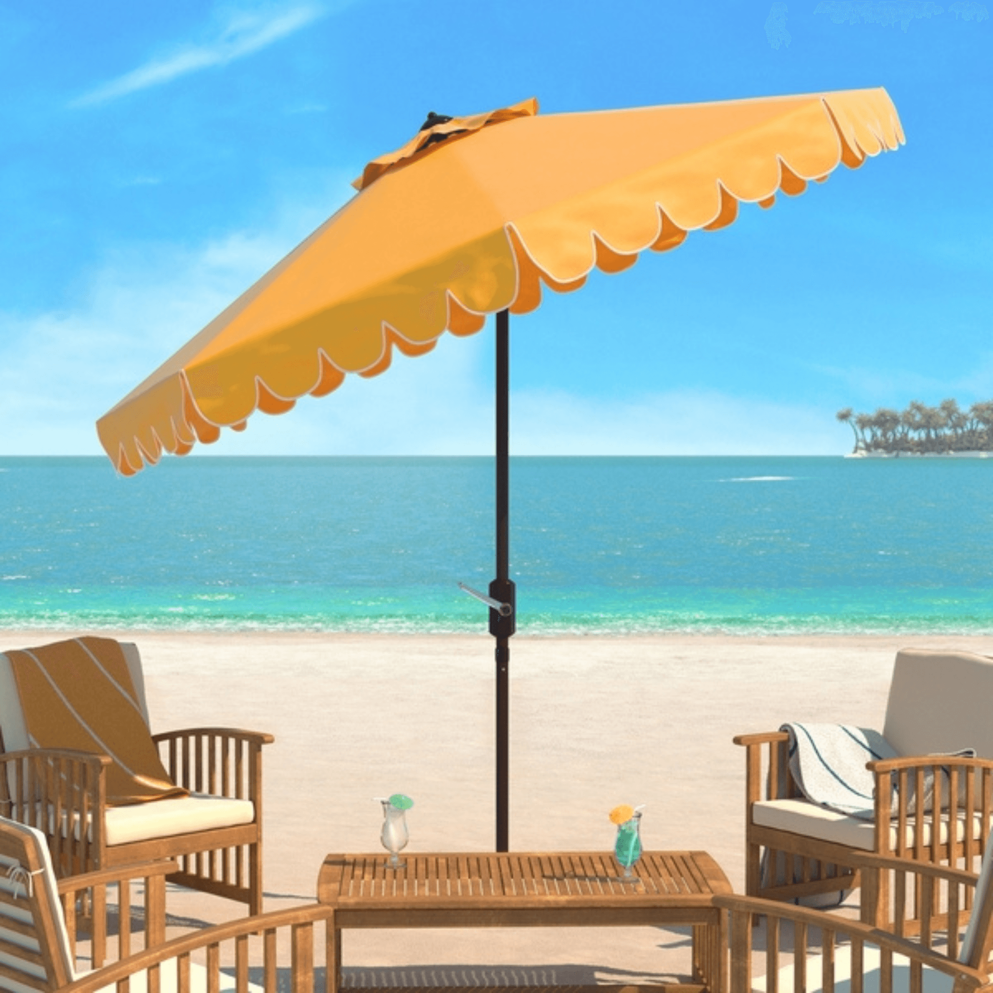 light yellow patio umbrella Venice Single Scallop 9' Crank Outdoor Push Button Tilt Umbrella - Yellow/White
