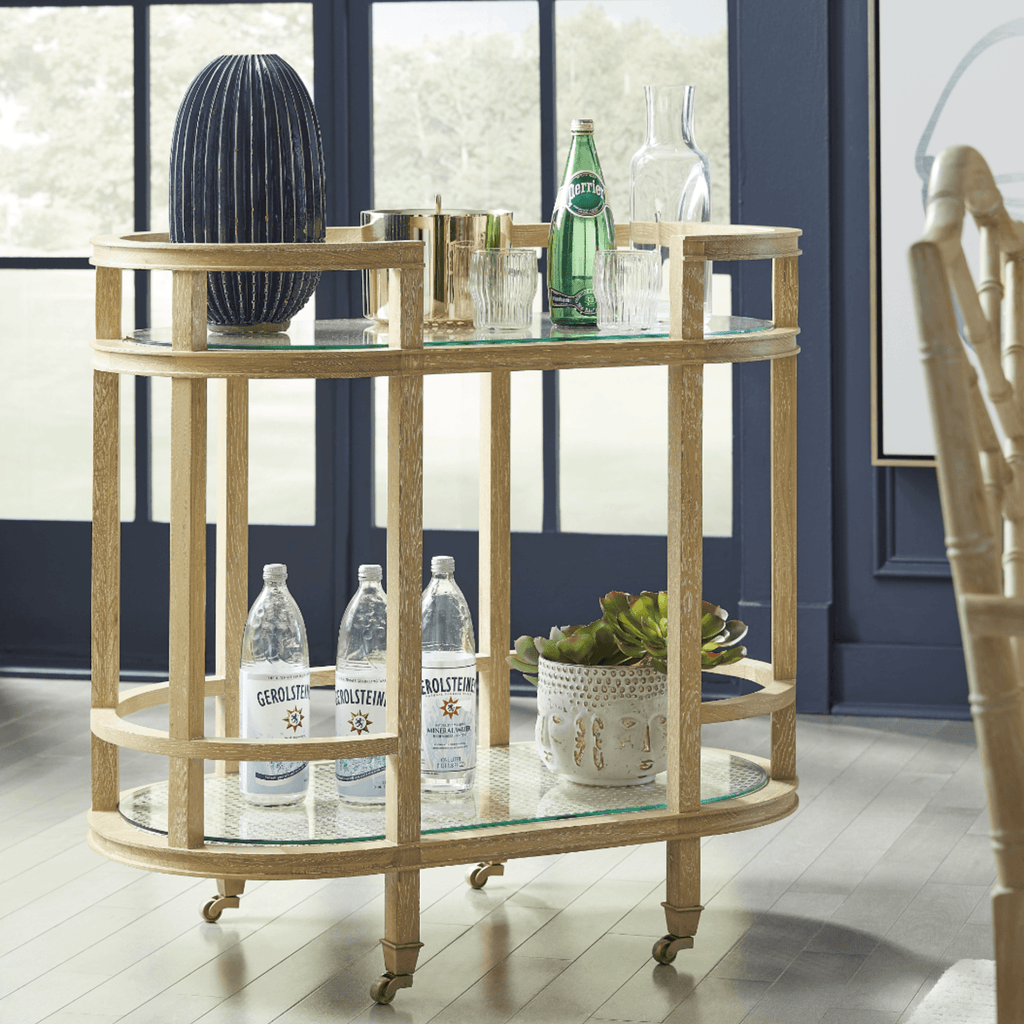 Zaina Cerused Oak, Glass & Cane Wheeled Bar Cart - Bar & Serving Carts - The Well Appointed House
