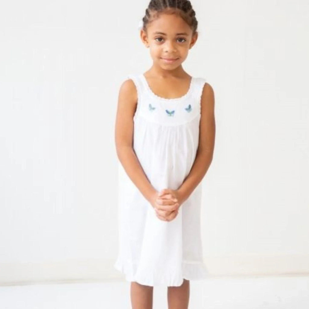 Zoe White Cotton Dress with Blue Butterfly Embroidery - Little Loves Girl Clothing - The Well Appointed House