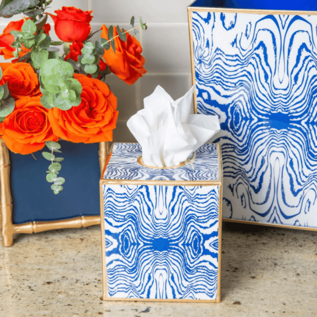 Faux Bois Blue Enameled Square Wastebasket & Tissue Box Cover - Wastebasket - The Well Appointed House