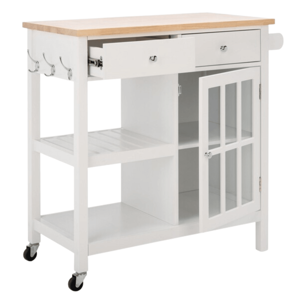 White 1 Door 2 Drawer 2 Shelf Kitchen Cart With Wood Top - Bar & Serving Carts - The Well Appointed House