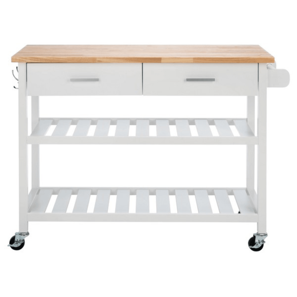 White Two Shelf Two Drawer Kitchen Cart With Wood Top - Bar & Serving Carts - The Well Appointed House