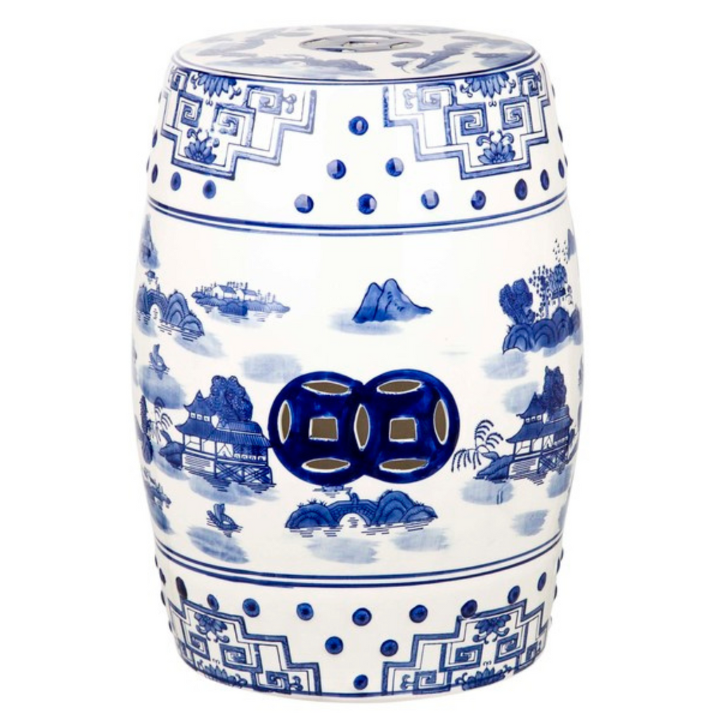 Blue and White Chinoiserie Pagoda Landscape Ceramic Garden Stool - Garden Stools & Benches - The Well Appointed House