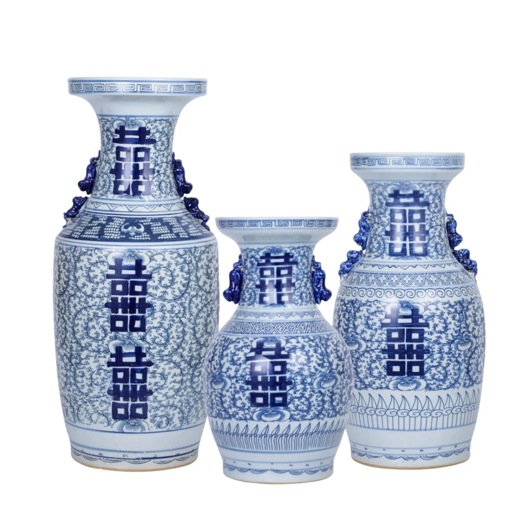 Blue And White Porcelain Double Happiness Flower Vase with Animal Handles - Vases & Jars - The Well Appointed House