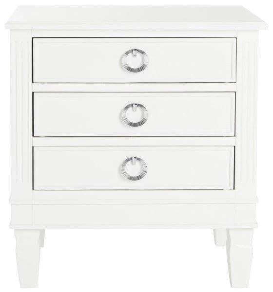 Contemporary Three Drawer Nightstand in White With Chrome Hardware - Nightstands & Chests - The Well Appointed House
