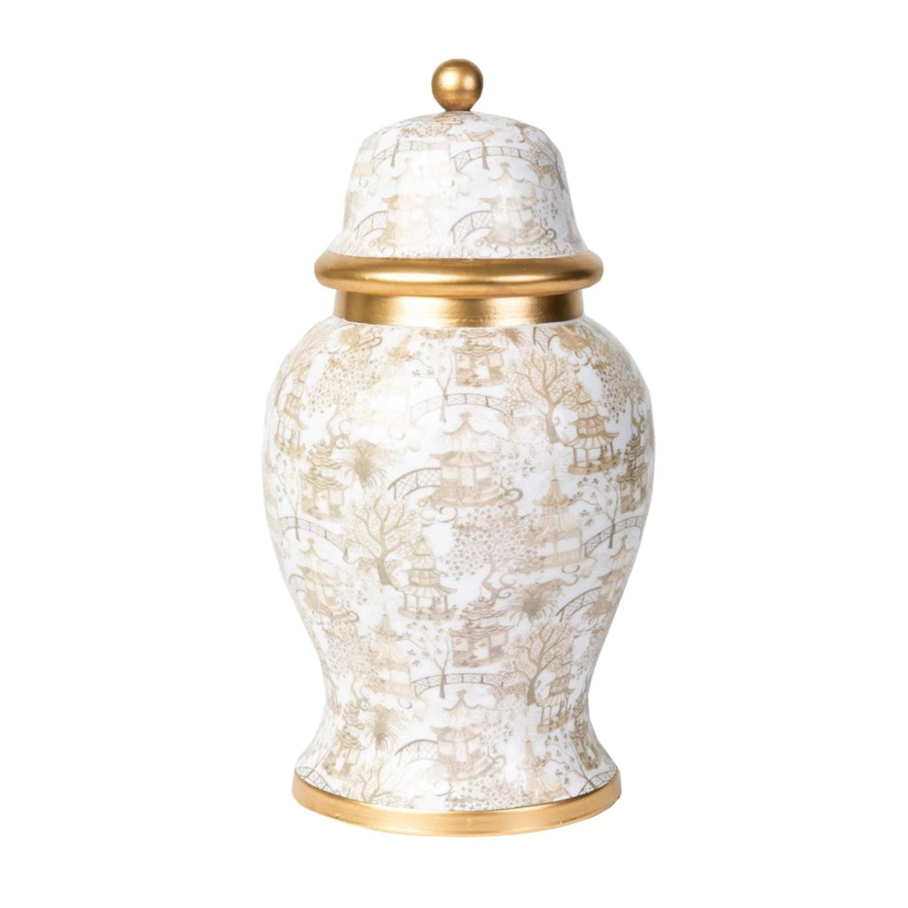 Garden Party Taupe & White Pagoda Motif Ginger Jar-DISCONTINUED - Vases & Jars -  The Well Appointed House