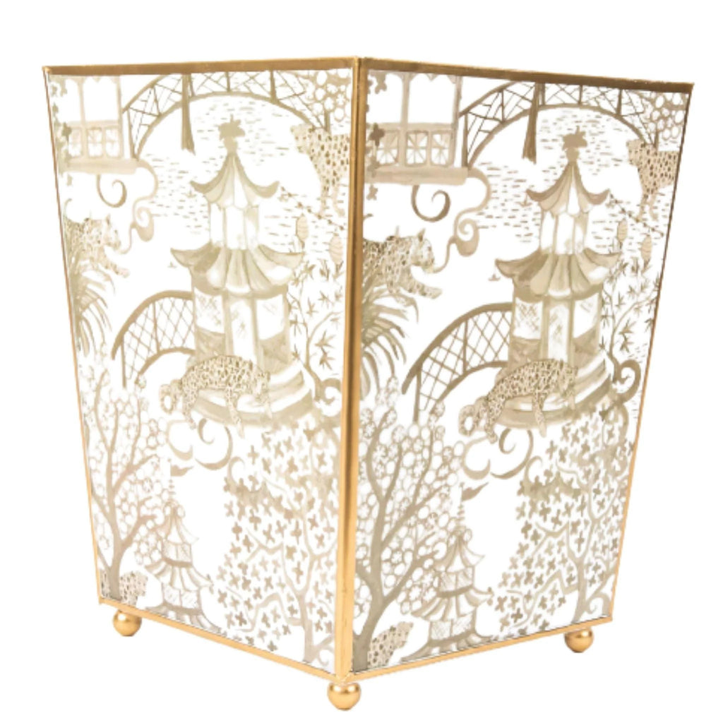 Garden Party White and Taupe Enameled Square Wastebasket - Wastebasket -  The Well Appointed House