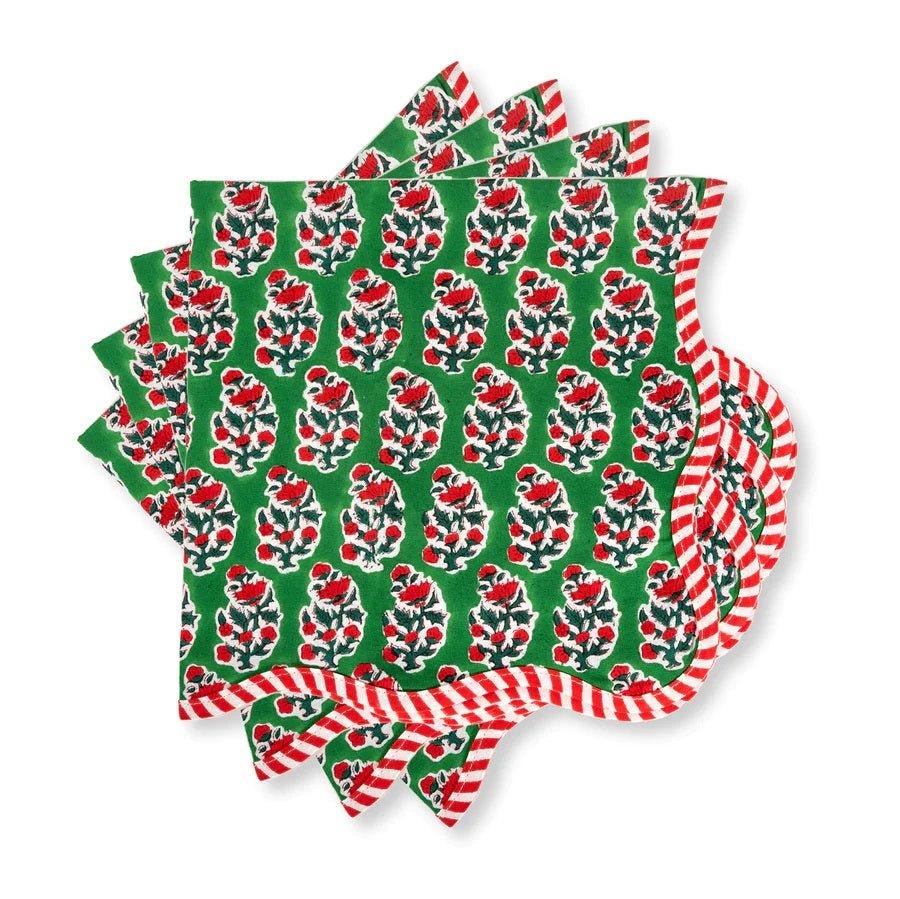 Green with Red and White Stripe Carol Block Print Napkin - Placemats & Napkin Rings -  The Well Appointed House