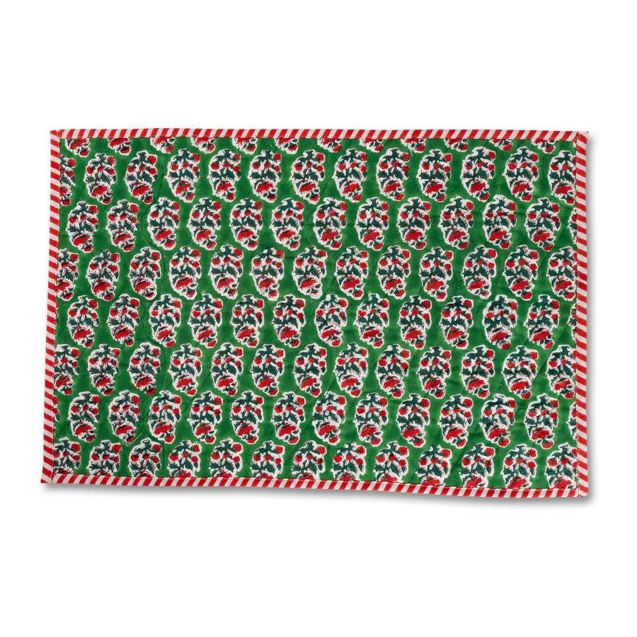 Green with Red and White Stripe Carol Block Print Placemats-Set of 4 - Placemats & Napkin Rings -  The Well Appointed House