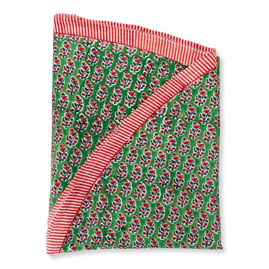 Green with Red and White Stripe Carol Block Print Round Tablecloth - Tablecloths -  The Well Appointed House