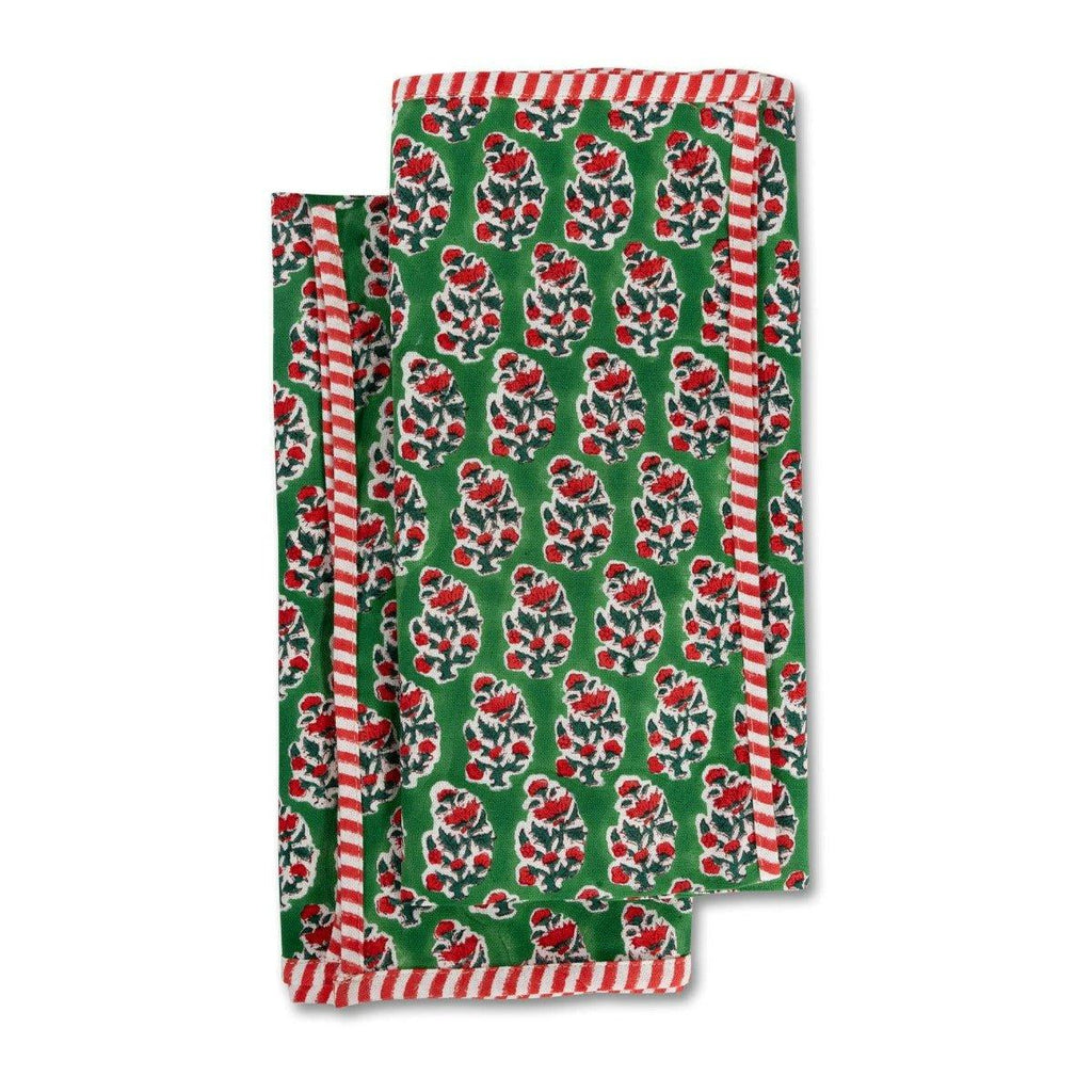 Green with Red and White Stripe Carol Block Print Set of Two Tea Towels - Tea Towels -  The Well Appointed House