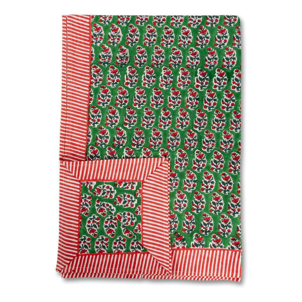 Green with Red and White Stripe Carol Block Print Tablecloth - Tablecloths -  The Well Appointed House