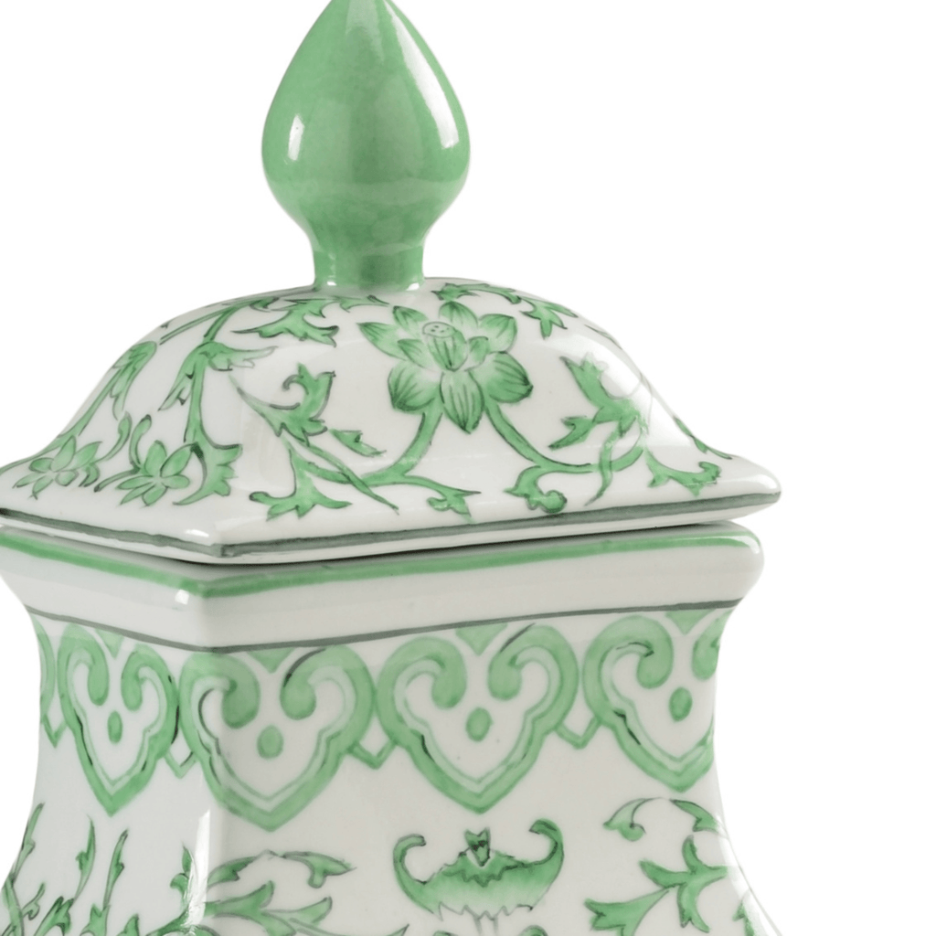 Hand Painted Green and White Floral Porcelain Lidded Jar - Vases & Jars - The Well Appointed House