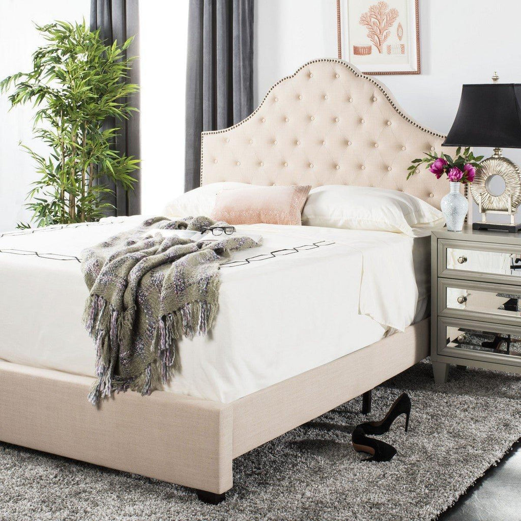 Modern Beige Velvet Upholstered Full Bed With Brass Nail Heads - Beds & Headboards - The Well Appointed House