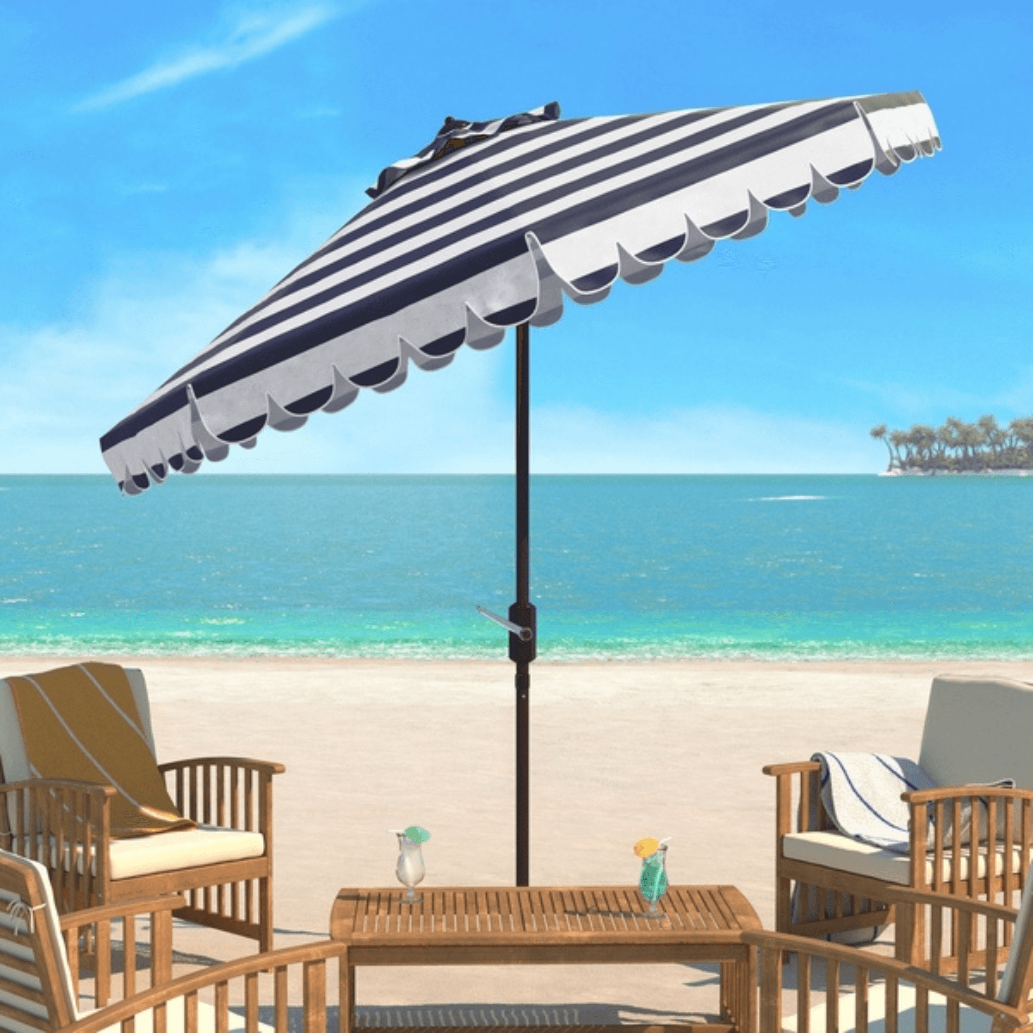 hudson bay stripes patio umbrella Safavieh 9 ft. Maui Single Scallop Striped Crank Push Button Tilt Umbrella Navy & White