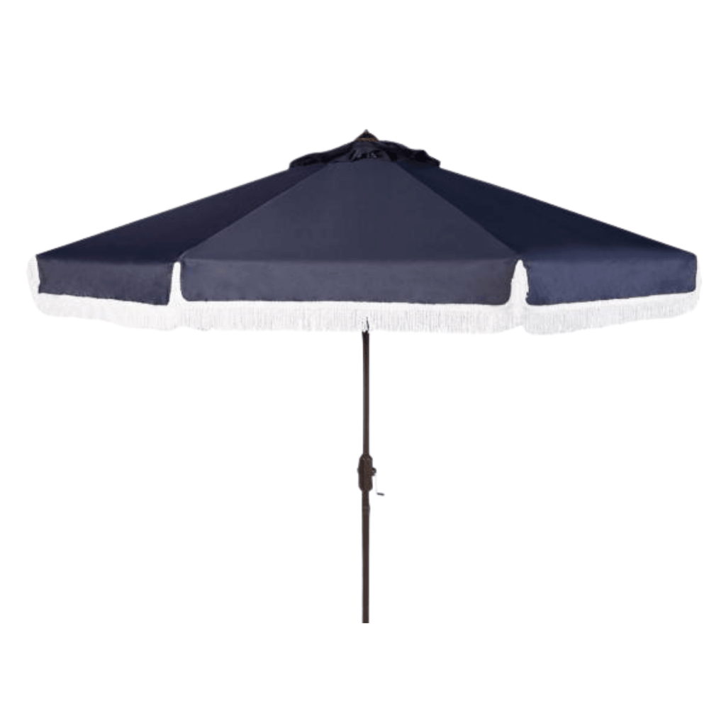 Navy Outdoor Crank Umbrella With White Fringe - Outdoor Umbrellas - The Well Appointed House
