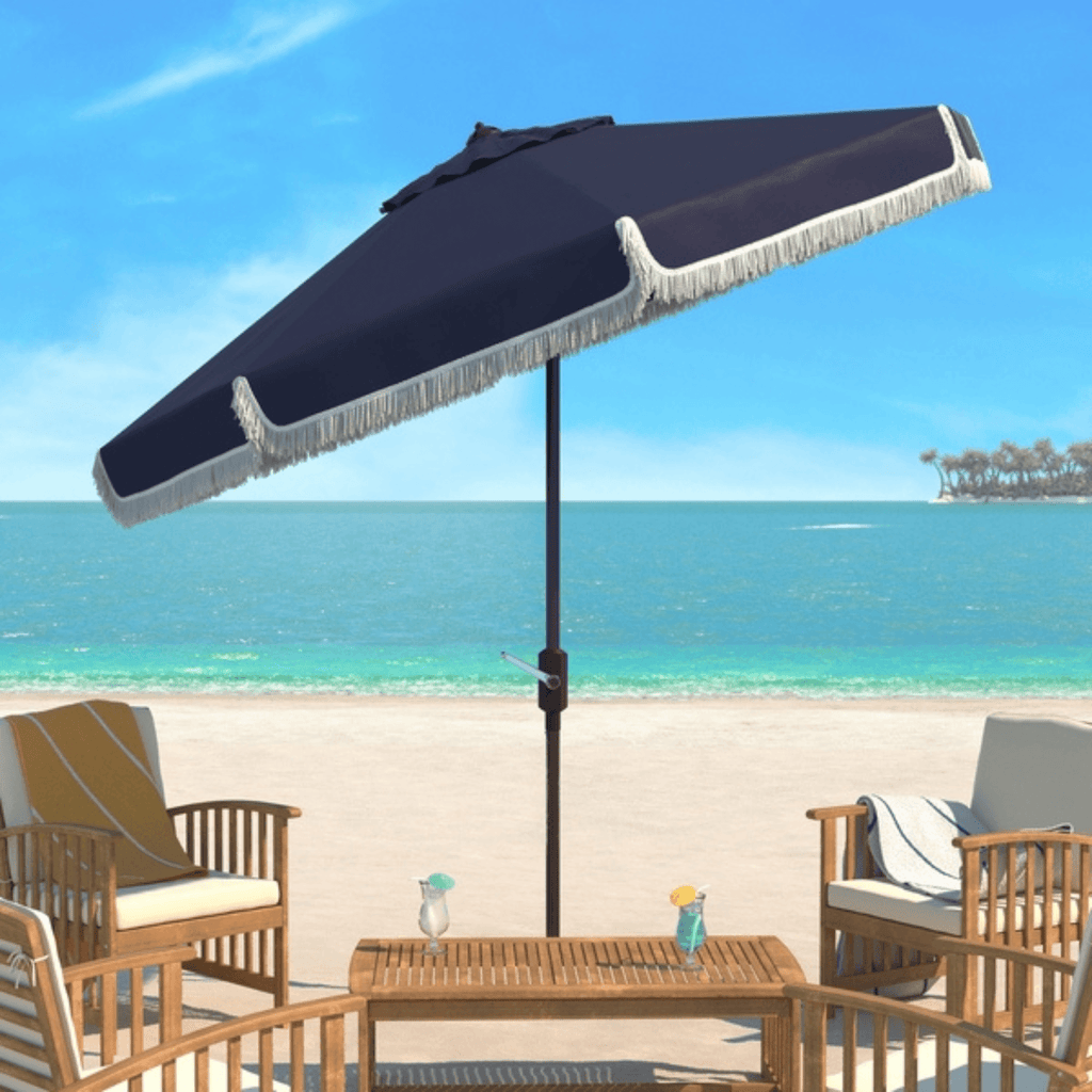 Navy Outdoor Crank Umbrella With White Fringe - Outdoor Umbrellas - The Well Appointed House