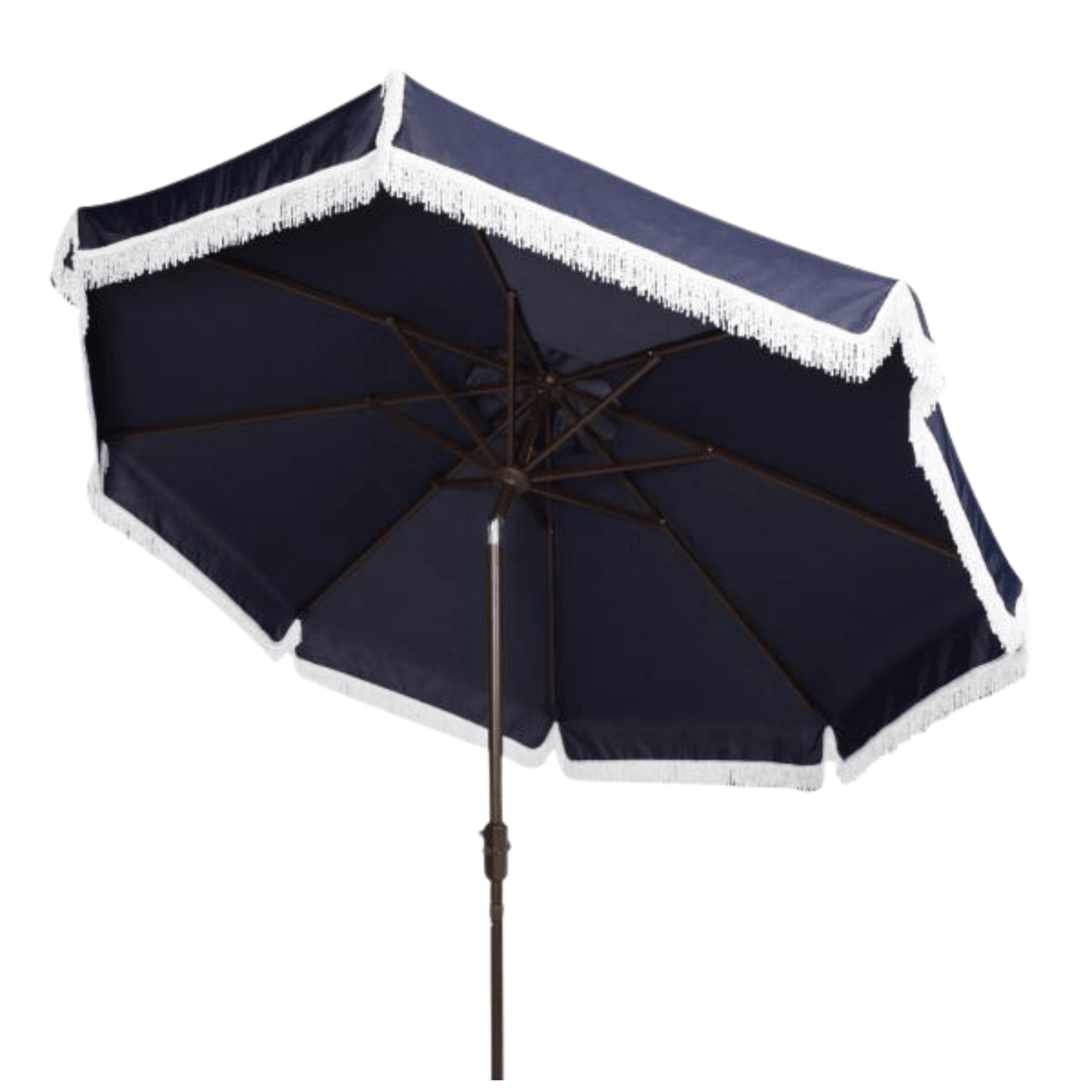 black patio umbrellas with white fringe Safavieh Milan Fringe 9 ft Crank Navy/ White Outdoor Umbrella