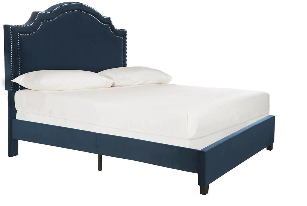 Navy Velvet Upholstered Queen Size Bed With Nailhead Trim - Beds & Headboards - The Well Appointed House
