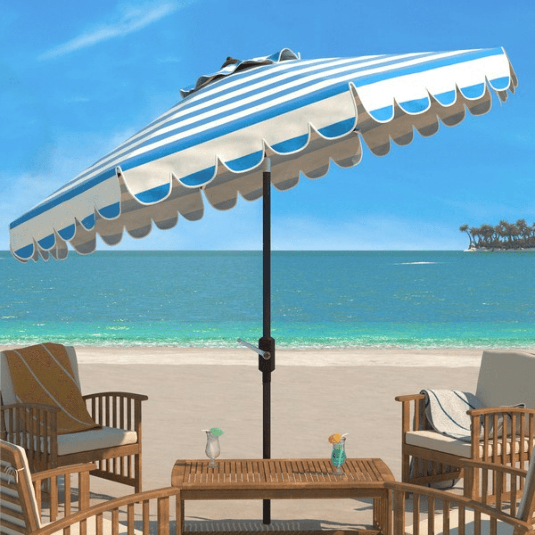 7 ft height rectangular patio umbrella pacific blue on sale Pacific Blue & White Striped Scalloped Edge 9' Outdoor Patio Umbrella