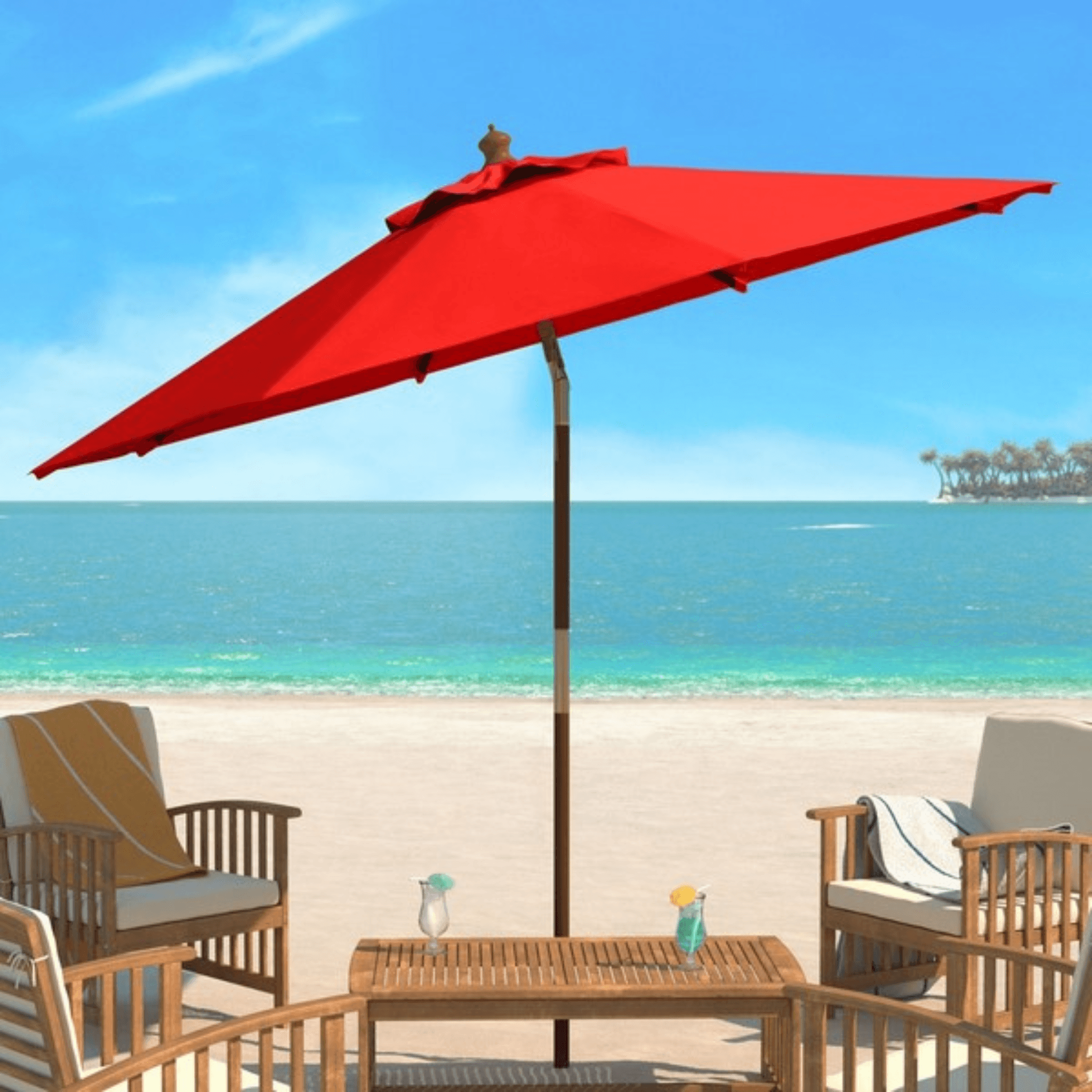 9' red patio umbrella Cannes 9' Wooden Outdoor Umbrella - Red