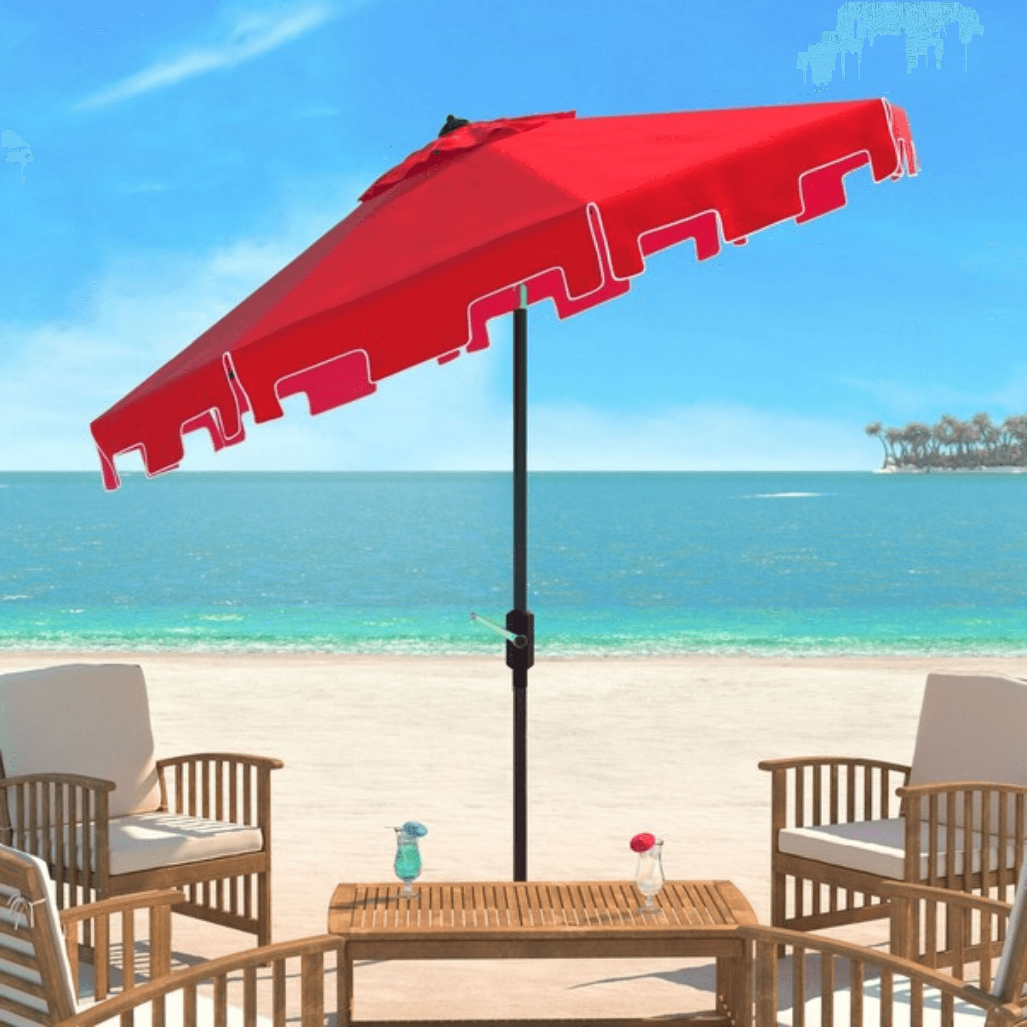 9 ft aluminum patio umbrella in quarry red Safavieh UV Resistant Zimmerman 9 ft Crank Red/ White Market Umbrella