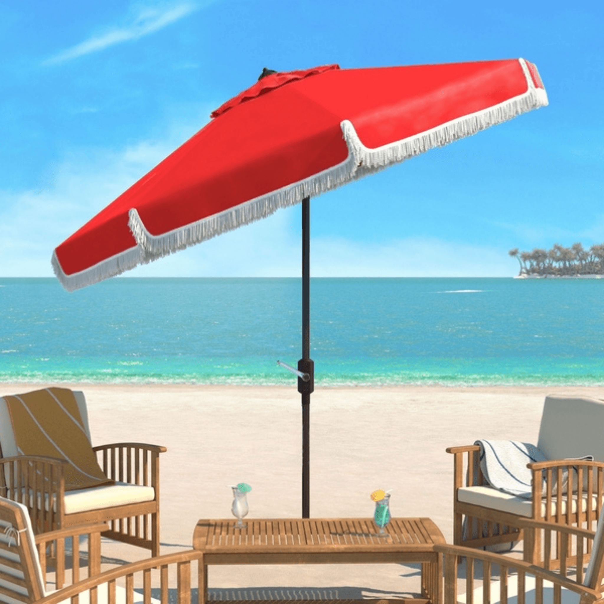 Safavieh PAT8008E 9 ft. Milan Fringe Crank Outdoor Push Button Tilt Umbrella, Red & White