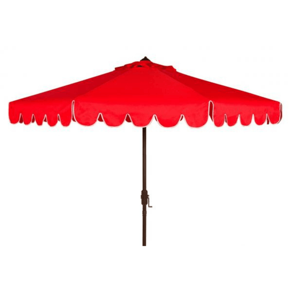 Red Scalloped Outdoor Umbrella With White Trim