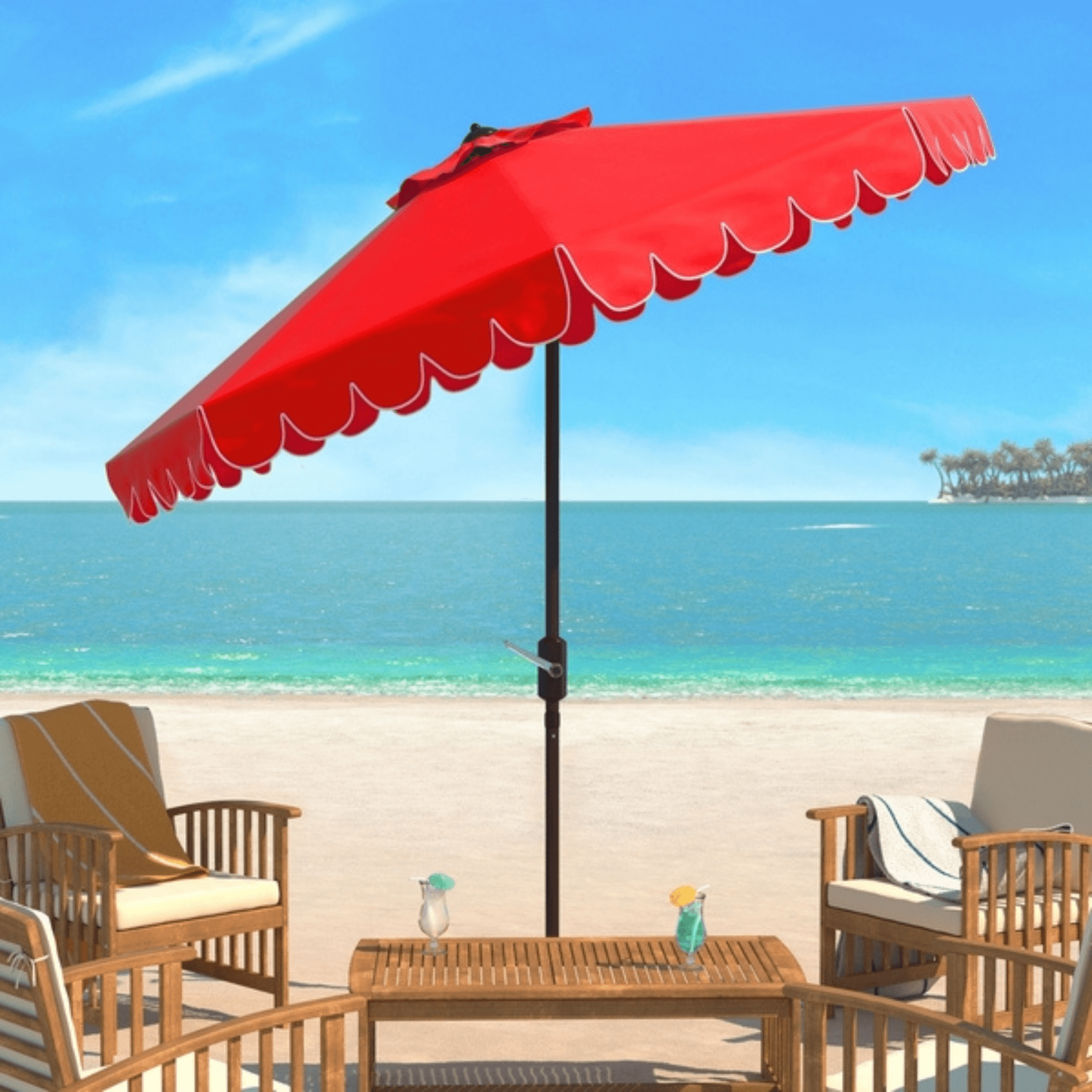 cheap red patio umbrellas Safavieh 9 ft. Venice Single Scallop Crank Outdoor Push Button Tilt Umbrella Red & White