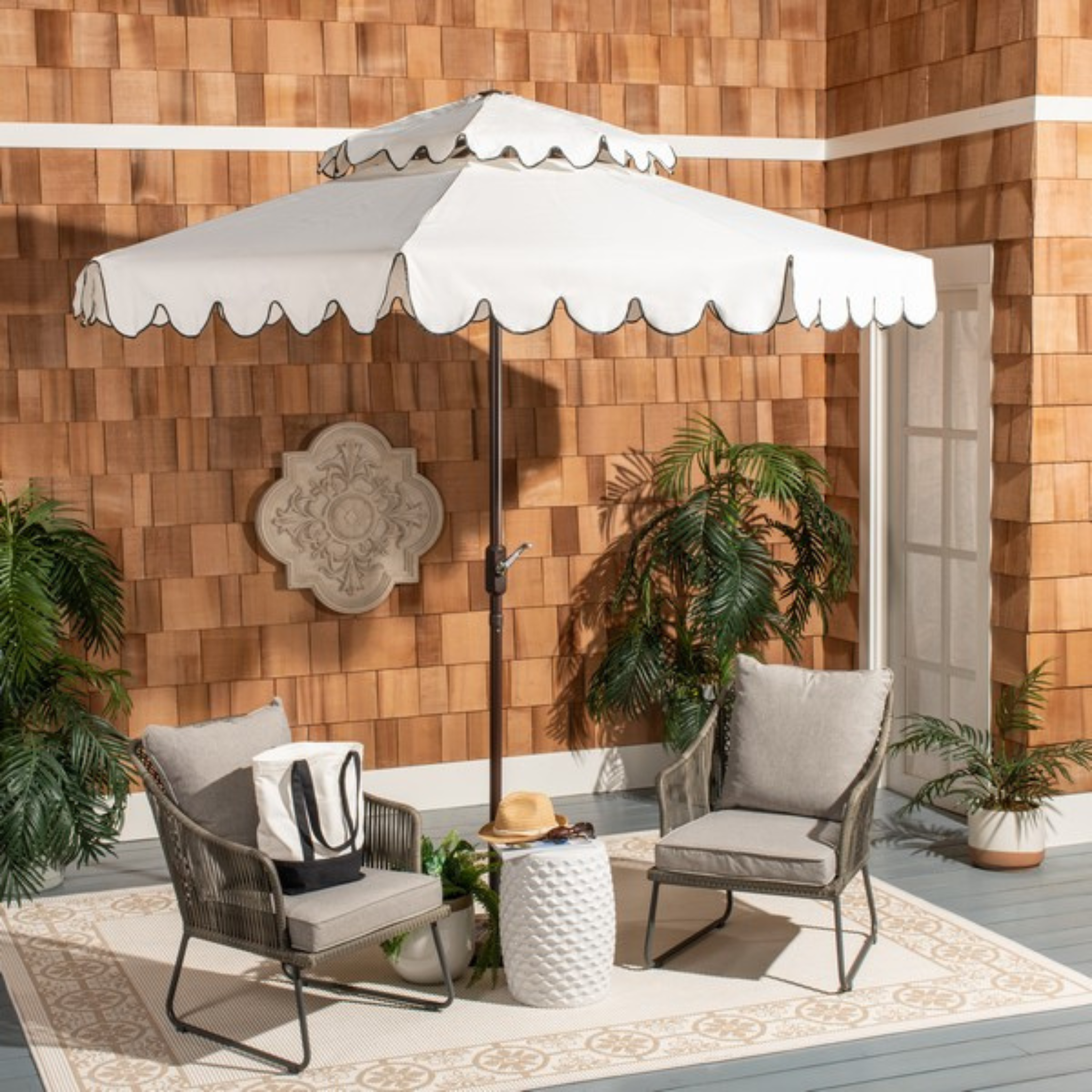 double top patio umbrella Resort Inspired 9 Foot Round Double Top Scalloped Crank Umbrella in White