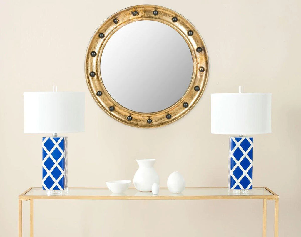 Round Nautical Gold Mirror With Black Faux Nailheads - Wall Mirrors -  The Well Appointed House