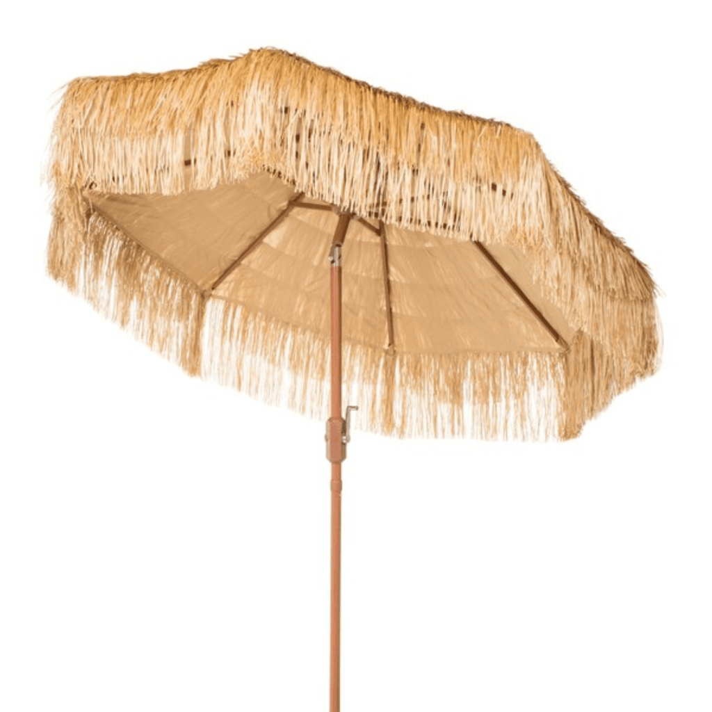 Tan Tropical Tiki Outdoor Crank Umbrella With Fringe - Outdoor Umbrellas - The Well Appointed House