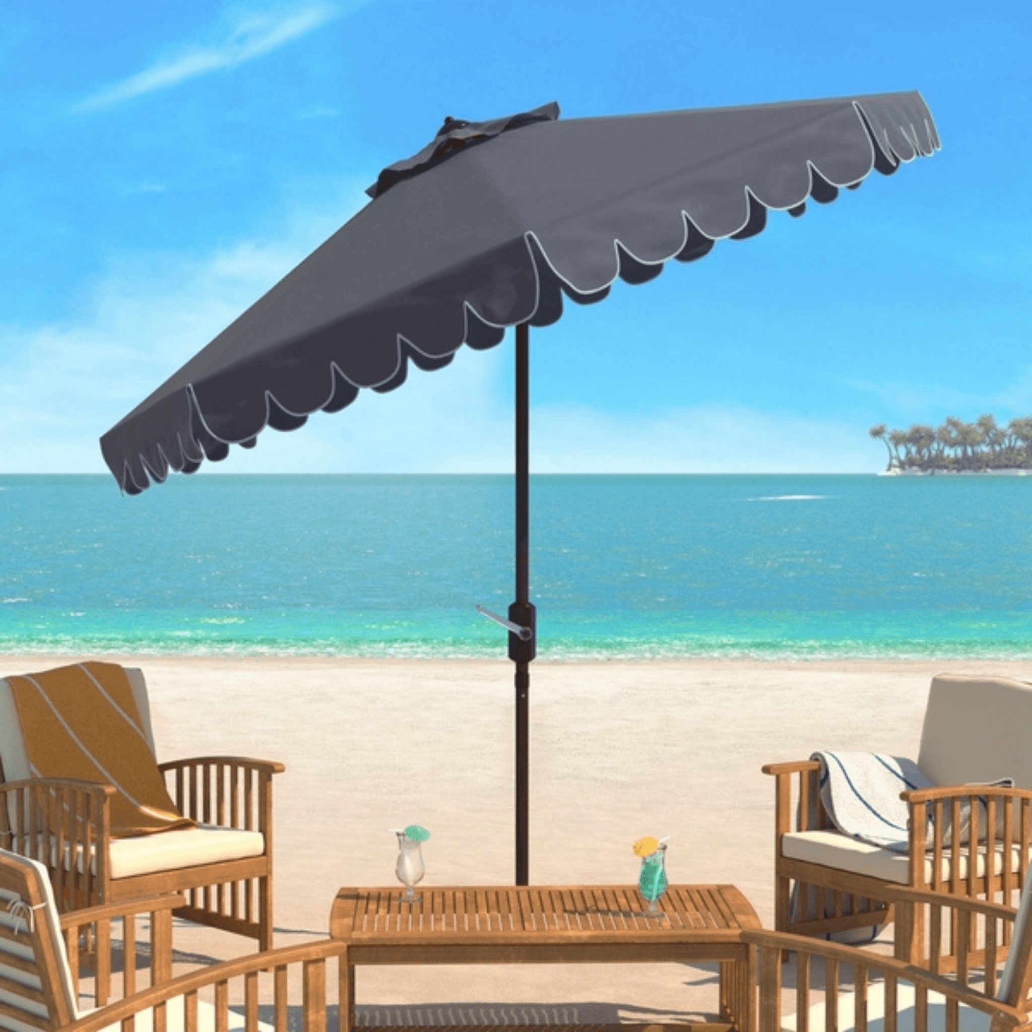 green and taupe patio umbrellas Safavieh 9 ft. Venice Single Scallop Crank Outdoor Push Button Tilt Umbrella Grey & White