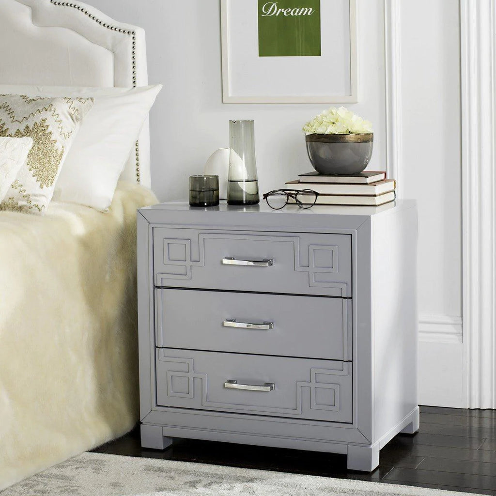 Three Drawer Greek Key Night Stand in Grey - Nightstands & Chests - The Well Appointed House