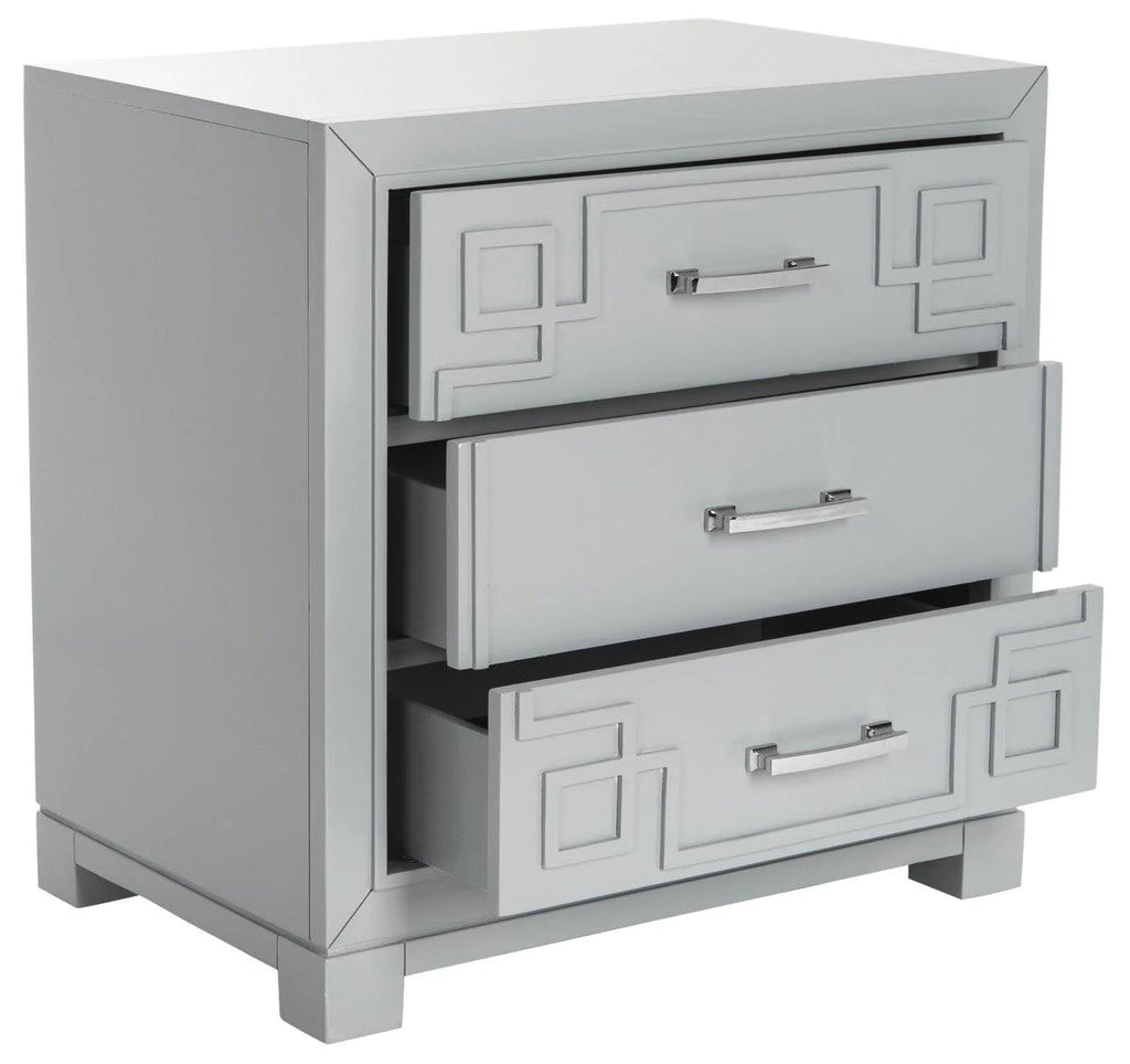 Three Drawer Greek Key Night Stand in Grey - Nightstands & Chests - The Well Appointed House