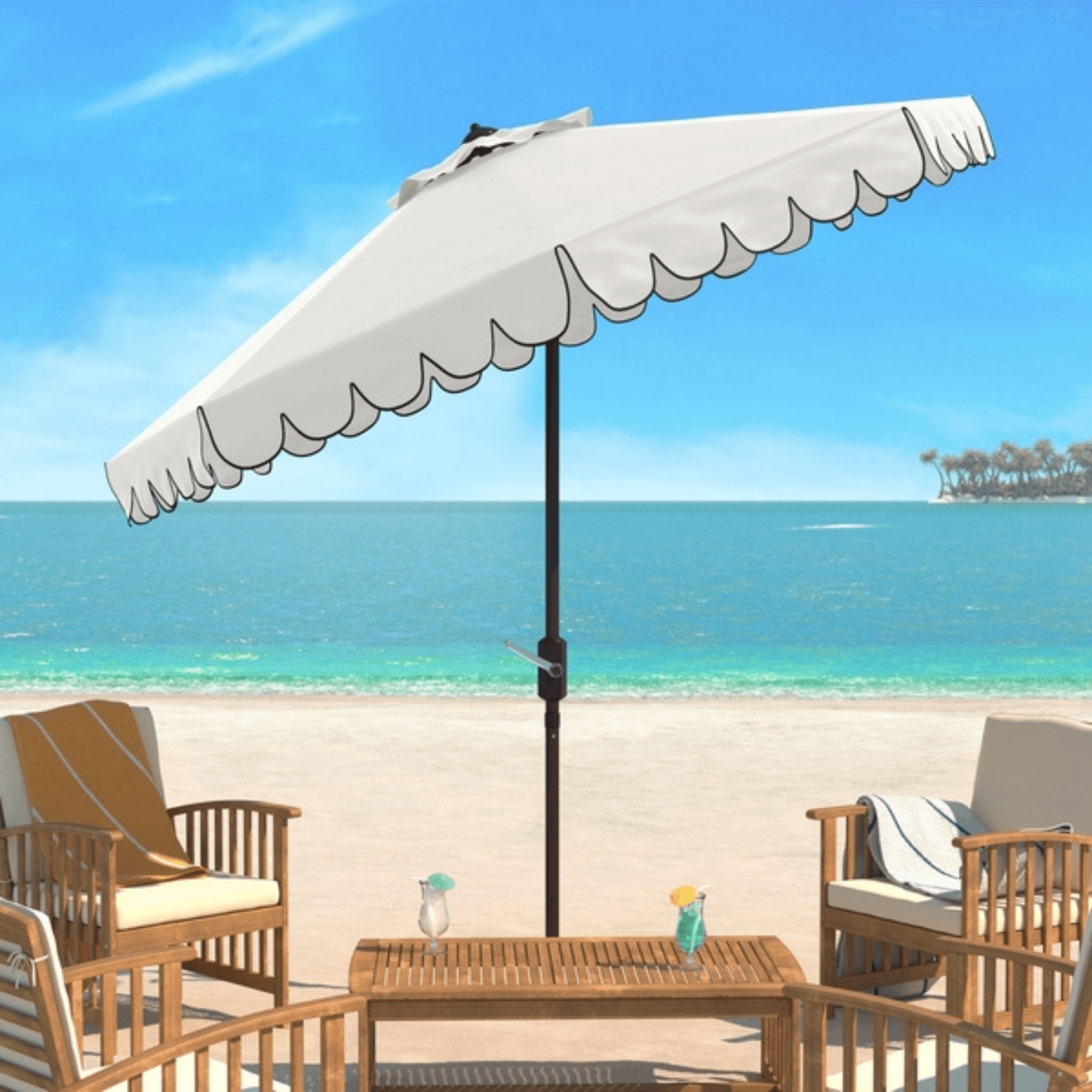 White Scalloped Outdoor Umbrella With Black Trim The Well